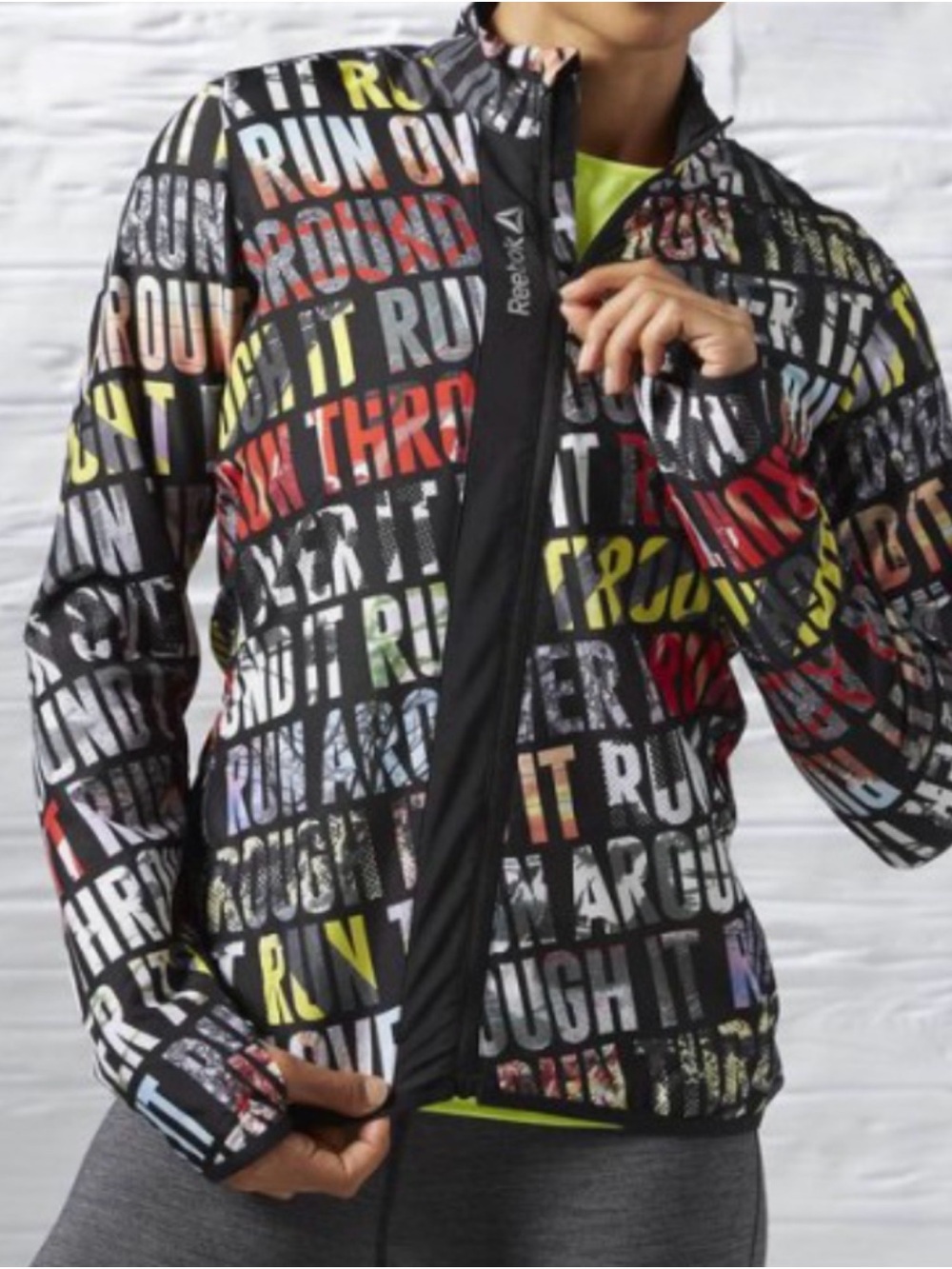 Running Jacket/Reebok Black Jacket with Multicolor Text Print